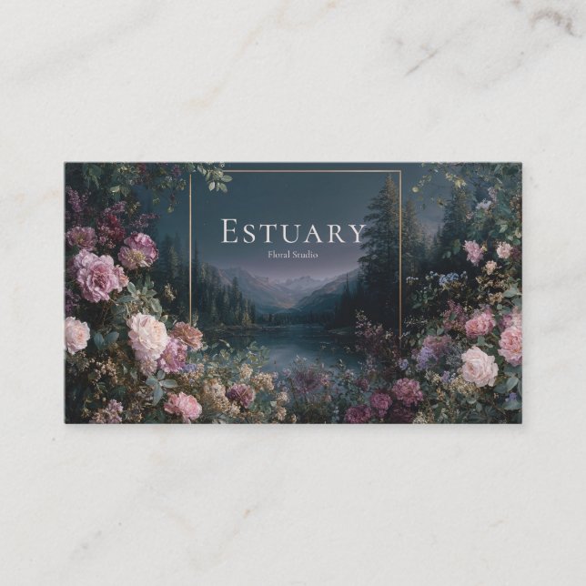 Romantic Twilight Floral and Starry Mountain Lake  Visitenkarte (Vorderseite)