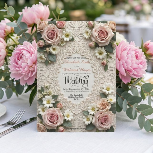 Romantic Vintage Garden Rose & Daisy Wedding Einladung (Von Creator hochgeladen)