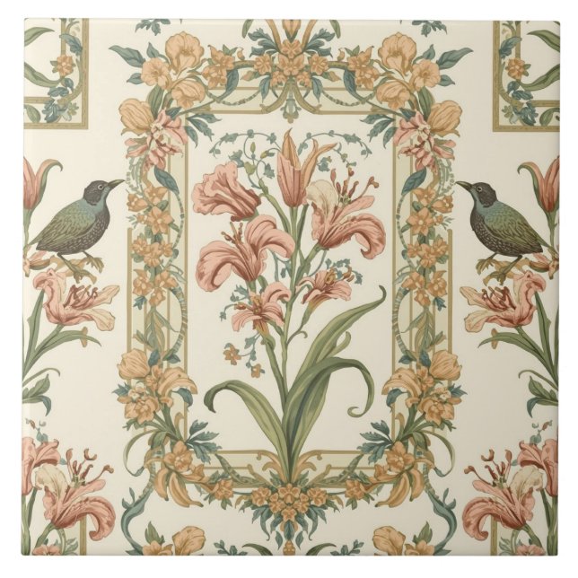 Romantic Vintage Lily Bird Art Nouveau Botanical Fliese (Vorderseite)