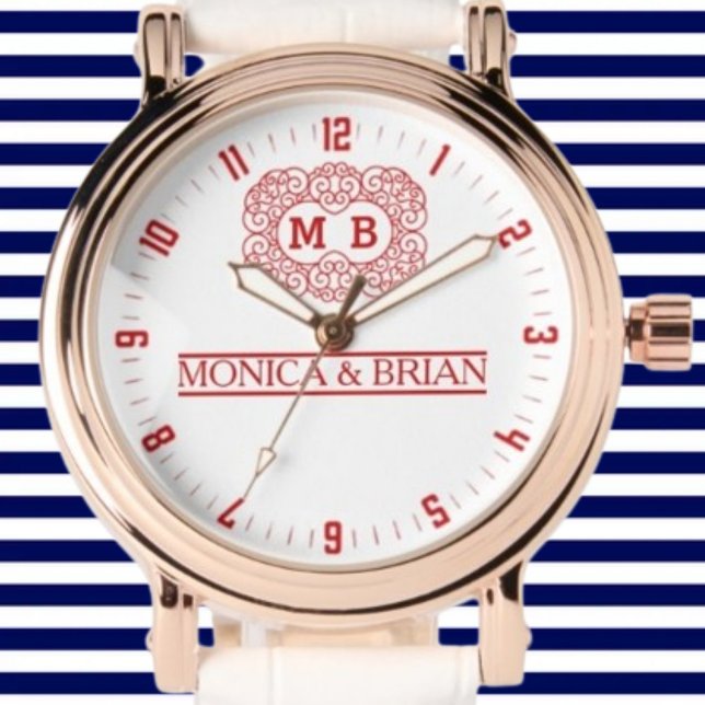 Romantic Vintage style Couple White Red Monogram Armbanduhr (Von Creator hochgeladen)