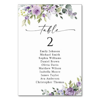 Romantic Violet Flower Table Seating Chart Cards Tischnummer