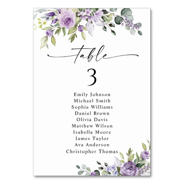 Romantic Violet Flower Table Seating Chart Cards Tischnummer (Vorderseite)