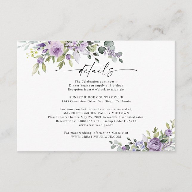 Romantic Violet Flowers Wedding Details Card Begleitkarte (Vorderseite)