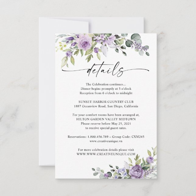 Romantic Violet Flowers Wedding Details Card RSVP Karte (Vorderseite)
