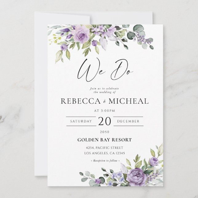 Romantic Violet Flowers Wedding Invitation Einladung (Vorderseite)