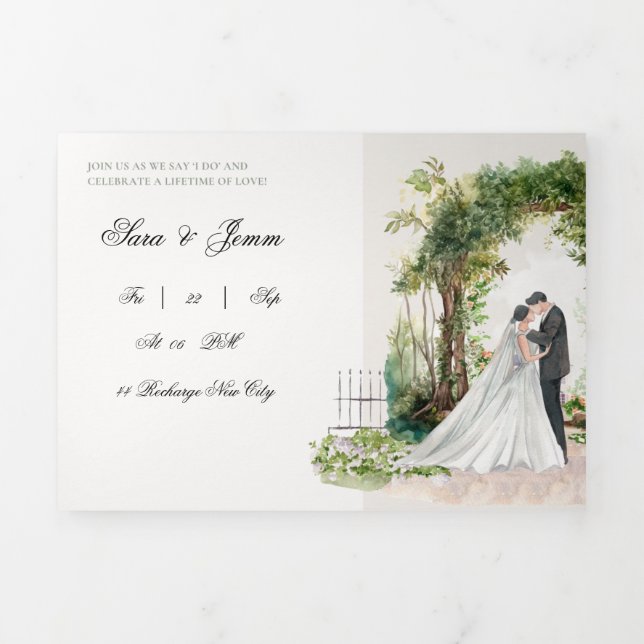Romantic Watercolor Garden Wedding Invitation | El Dreifach Gefaltete Einladung (Cover)
