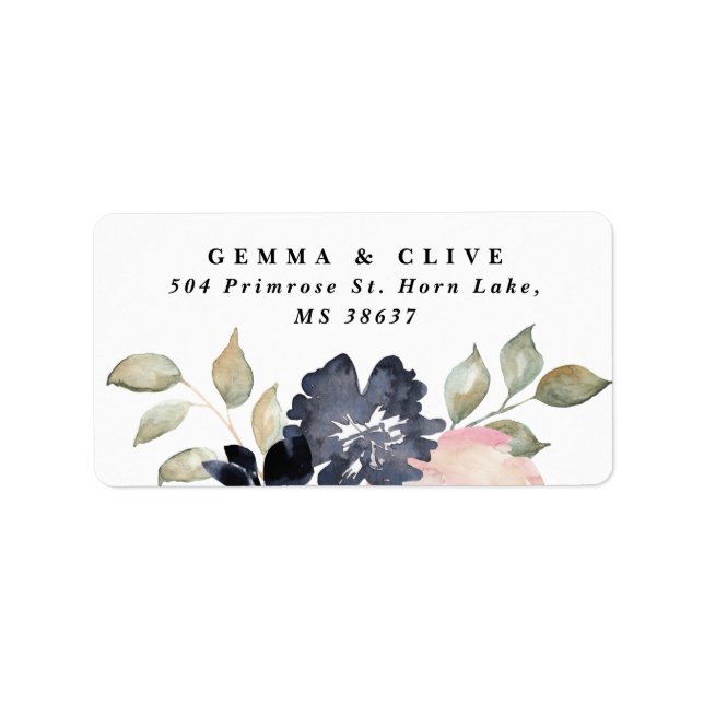 Romantic Watercolor Navy Florals Wedding Address Adressaufkleber (Vorne)