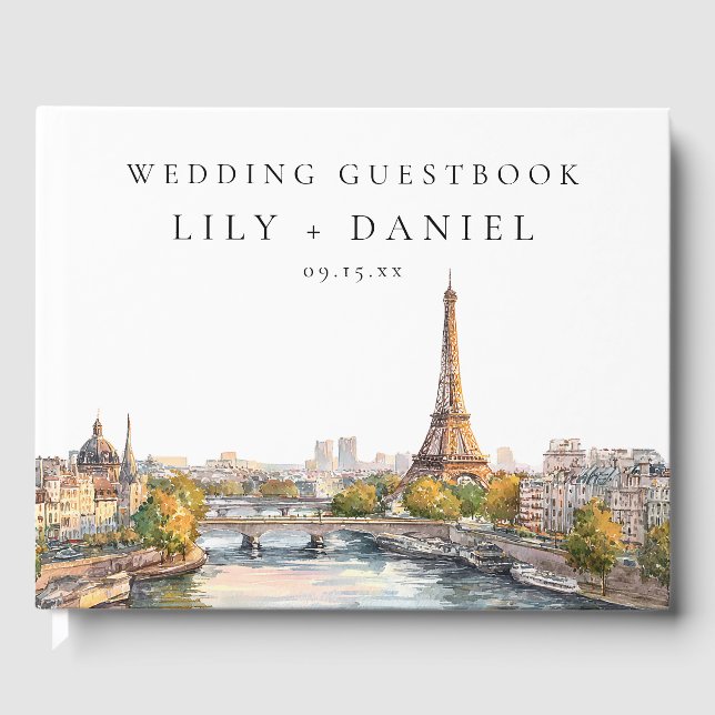 Romantic Watercolor Paris Frankreich Hochzeit Gästebuch (Vorderseite)