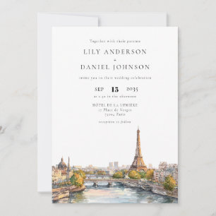 Romantic Watercolor Paris Frankreich QR Code Weddi Einladung