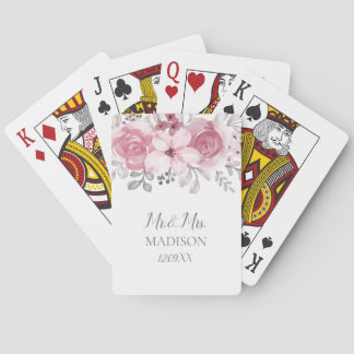 Romantic Watercolor Pink Florals Mr & Mrs Wedding Spielkarten