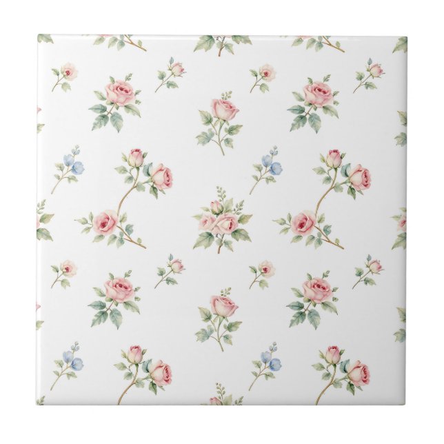Romantic Watercolor Pink Roses Pattern Fliese (Vorderseite)
