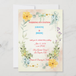 Romantic Watercolor Pink & Yellow Flower Wedding Einladung