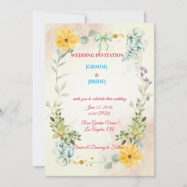 Romantic Watercolor Pink & Yellow Flower Wedding  Einladung (Vorderseite)