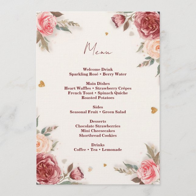 Romantic Watercolor Valentine’s Brunch Menu Einladung (Vorderseite)