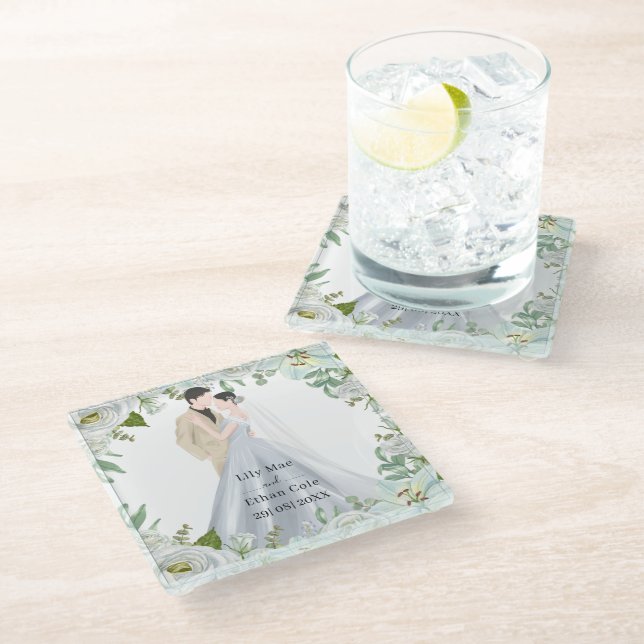 Romantic Watercolor Wedding Glasuntersetzer (Schrägansicht)