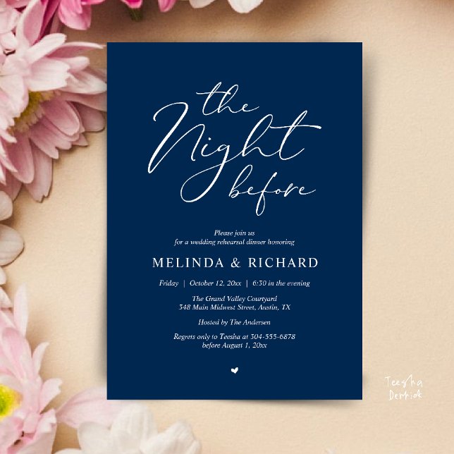 Romantic Wedding Rehearsal Dinner The Night Before Einladung (Modern Romantic Wedding Rehearsal Dinner The Night Before Forever Invites Card in Navy Blue)