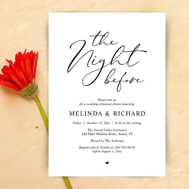 Romantic Wedding Rehearsal Dinner The Night Before Einladung (Modern Romantic Wedding Rehearsal Dinner The Night Before Invitation Card in Black and White)