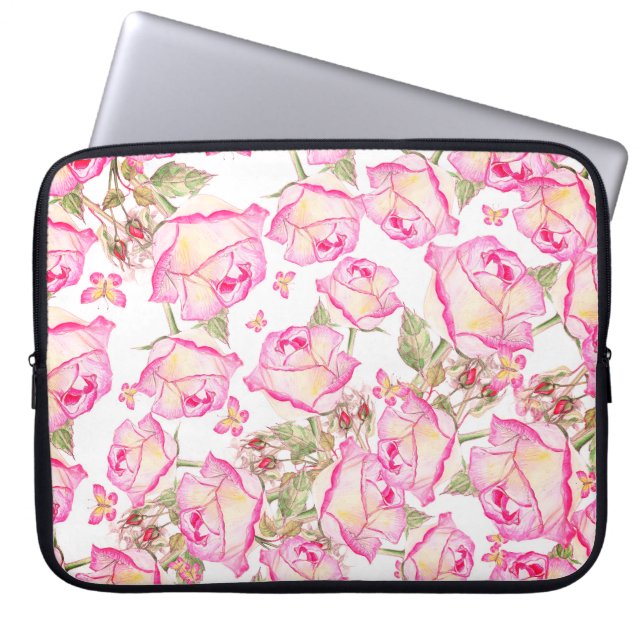 Romantic white pink yellow summer rose floral laptopschutzhülle (Vorderseite)