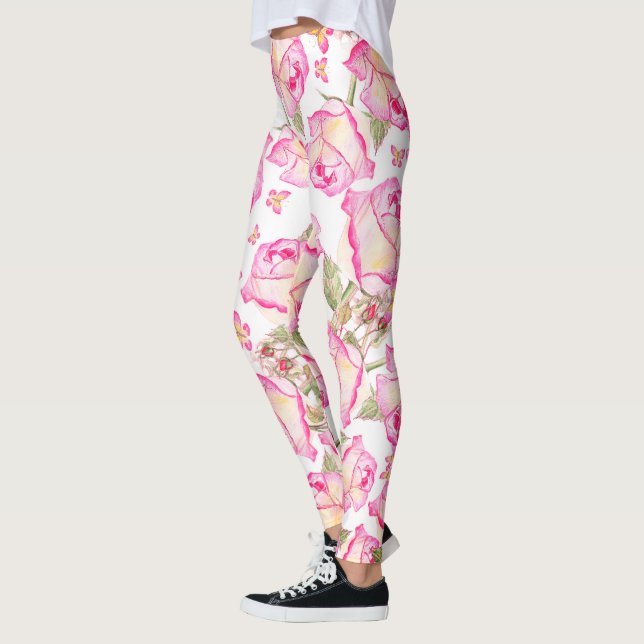 Romantic white pink yellow summer rose floral leggings (Links)