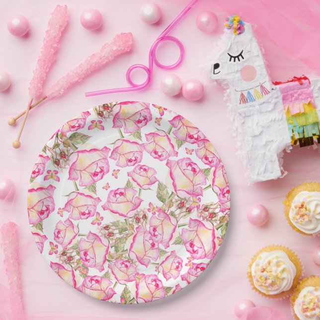 Romantic white pink yellow summer rose floral pappteller (Party)
