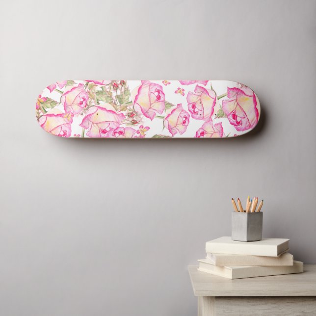 Romantic white pink yellow summer rose floral skateboard (Wandkunst (Horz))