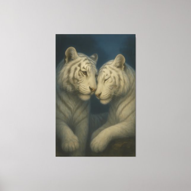 Romantic White Tiger Couple – Moonlit Soft Blue Fi Leinwanddruck (Vorderseite)