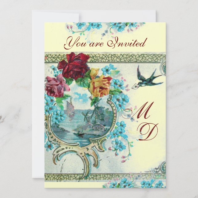 ROMANTİCA 3 ELEGANT GOLD BLAUE WEDING MONOGRAM EINLADUNG (Vorderseite)