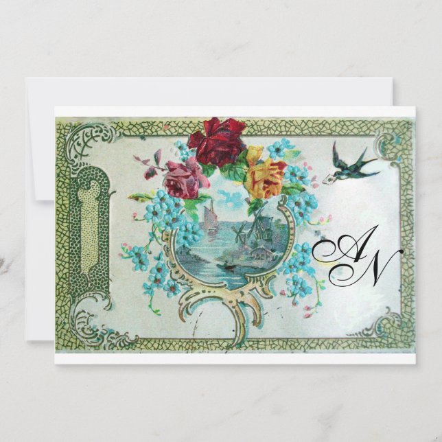 ROMANTİCA 3 MONOGRAM, Blue White Wedding Party Einladung (Vorderseite)