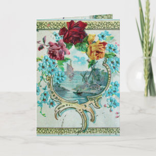 ROMANTICA, BLAUE ROSEN MIT SCHWALBE IN ROSA FEIERTAGSKARTE
