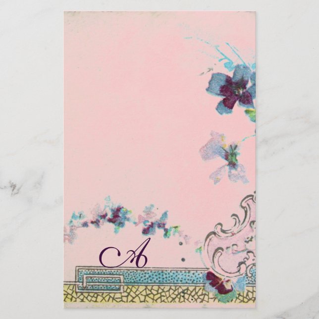 ROMANTİCA Blue Pink Wedding Floral Monogram Briefpapier (Vorderseite)