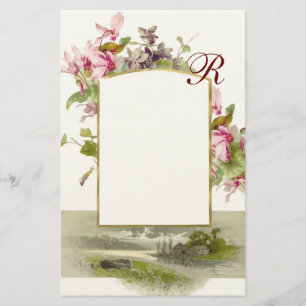 ROMANTİCA MONOGRAM / CYCLAMENS, rosa grünes Creme Briefpapier