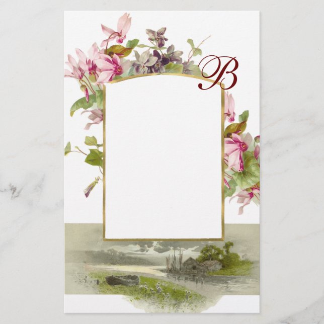 ROMANTİCA MONOGRAM / CYCLAMENS, rosa, grünes Weiß Briefpapier (Vorderseite)