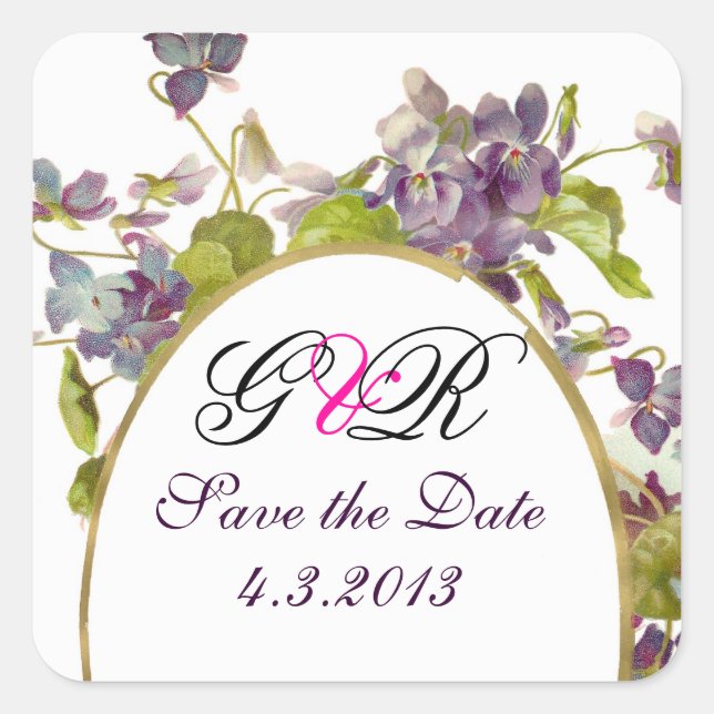 ROMANTİCA MONOGRAM / LILA VIOLETTEN SAVE THE DATE QUADRATISCHER AUFKLEBER (Vorderseite)