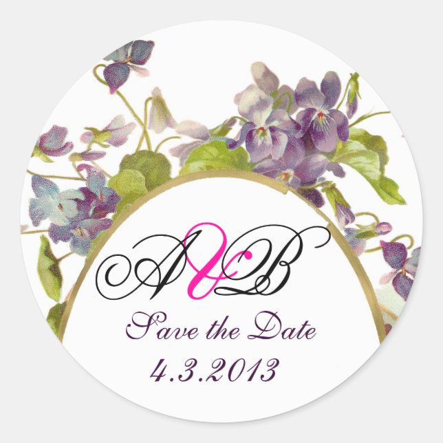 ROMANTİCA MONOGRAM / LILA VIOLETTEN SAVE THE DATE RUNDER AUFKLEBER (Vorderseite)