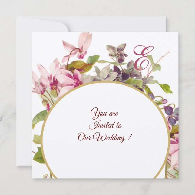 ROMANTİCA MONOGRAM, PINK CYCLAMENS, Blumenstrauß Einladung (Vorderseite)