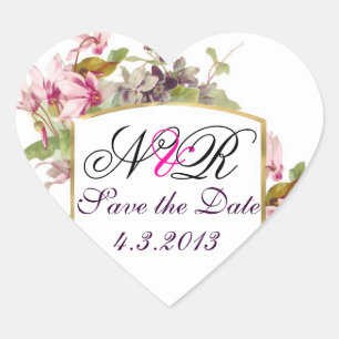 ROMANTİCA MONOGRAM / PINK CYCLAMENS SAVE THE DATE Herz-Aufkleber