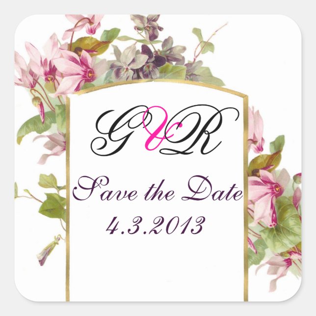 ROMANTİCA MONOGRAM / PINK CYCLAMENS SAVE THE DATE QUADRATISCHER AUFKLEBER (Vorderseite)