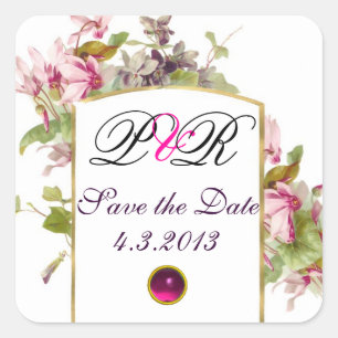 ROMANTİCA MONOGRAM / PINK CYCLAMENS SAVE THE DATE QUADRATISCHER AUFKLEBER