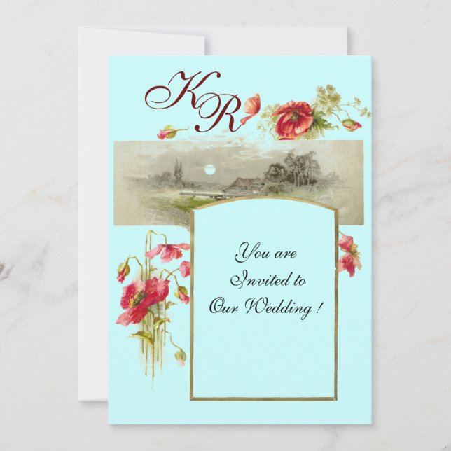 ROMANTİCA MONOGRAM / POPPIEN, rot, grün, blau Einladung (Vorderseite)