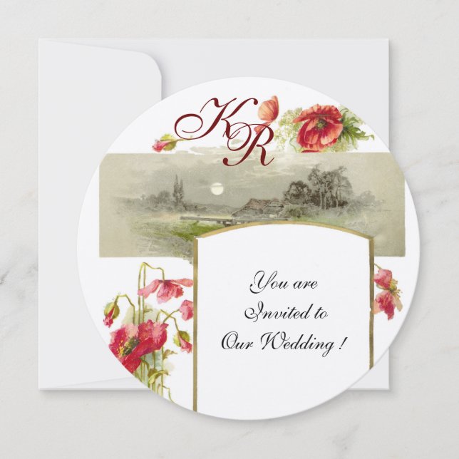 ROMANTİCA MONOGRAM / POPPIEN, rot, grün, Champagne Einladung (Vorderseite)