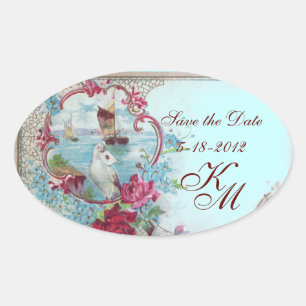 ROMANTICA MONOGRAM, Save the Date, blau Ovaler Aufkleber