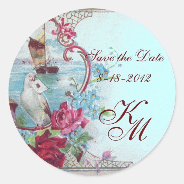 ROMANTICA MONOGRAM, Save the Date, blau Runder Aufkleber (Vorderseite)