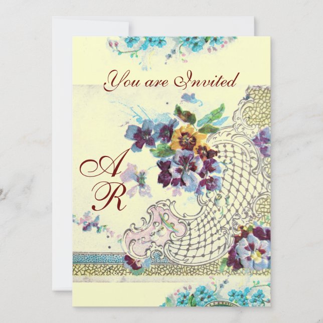 ROMANTİCA Pink Blue Silver Floral Wedgram Monogram Einladung (Vorderseite)