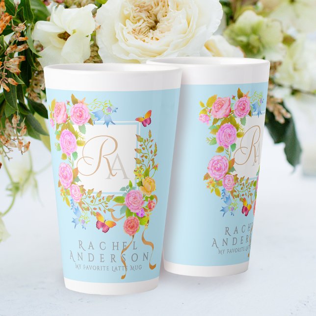 Romantics Blooming Garden Monogram Blue Latte Tass Milchtasse (Elegant romantic flowers monogram design.)