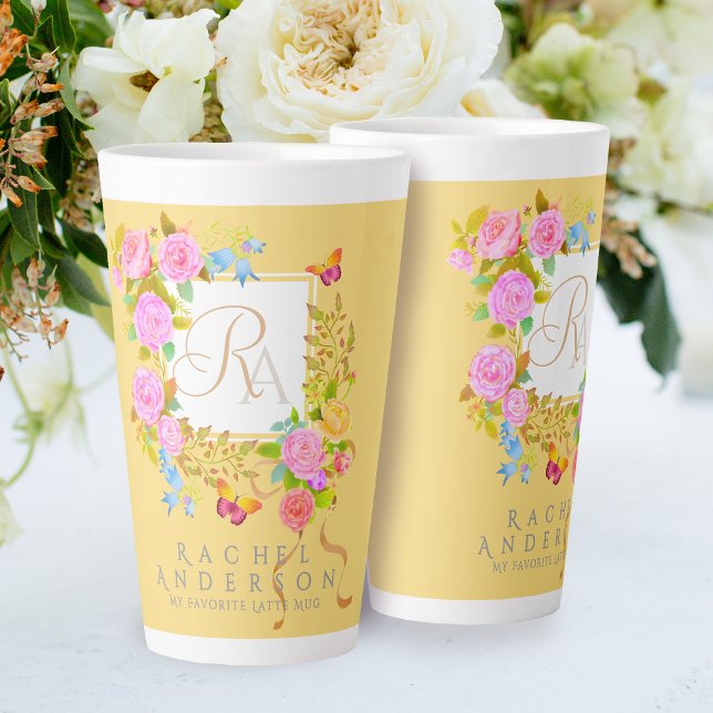 Romantics Blooming Garden Monogram Gold Latte Tass Milchtasse (Elegant romantics garden monogram.)