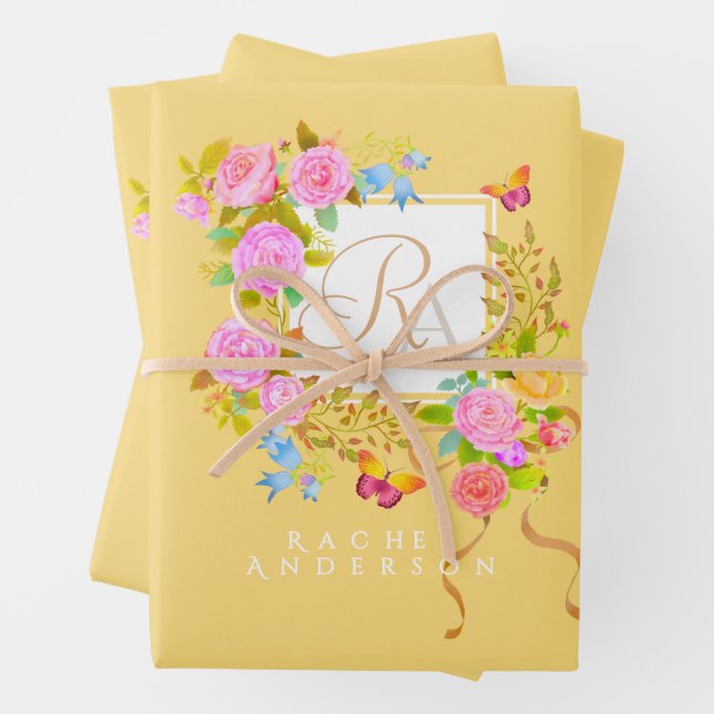 Romantics Blooming Garden Monogram Gold Yellow Geschenkpapier Set (Beispiel)