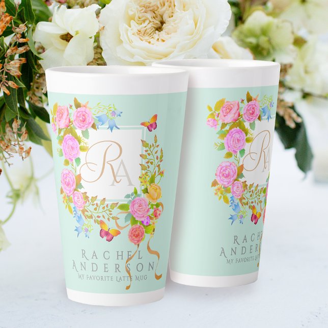 Romantics Blooming Garden Monogram Green Latte Tas Milchtasse (Elegant romantic flowers monogram design.)