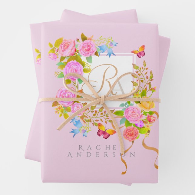 Romantics Blooming Garden Monogram Pink Geschenkpapier Set (Beispiel)