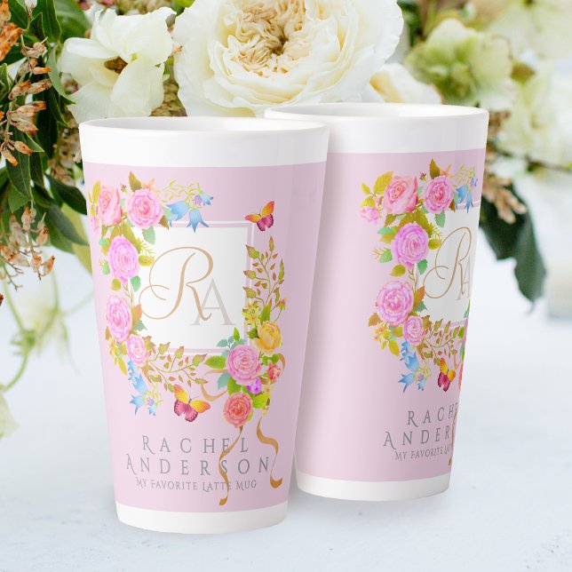 Romantics Blooming Garden Monogram Pink Latte Tass Milchtasse (Elegant romantic flowers monogram design.)