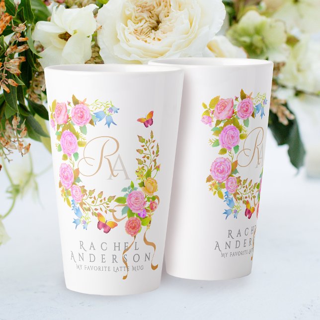 Romantics Blooming Garden Monogram White Latte Tas Milchtasse (Elegant romantic flowers monogram design.)